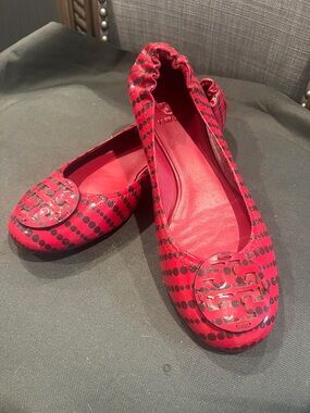 Tory Burch Red and Black Polka Dot Minnie Travel Ballet Flats